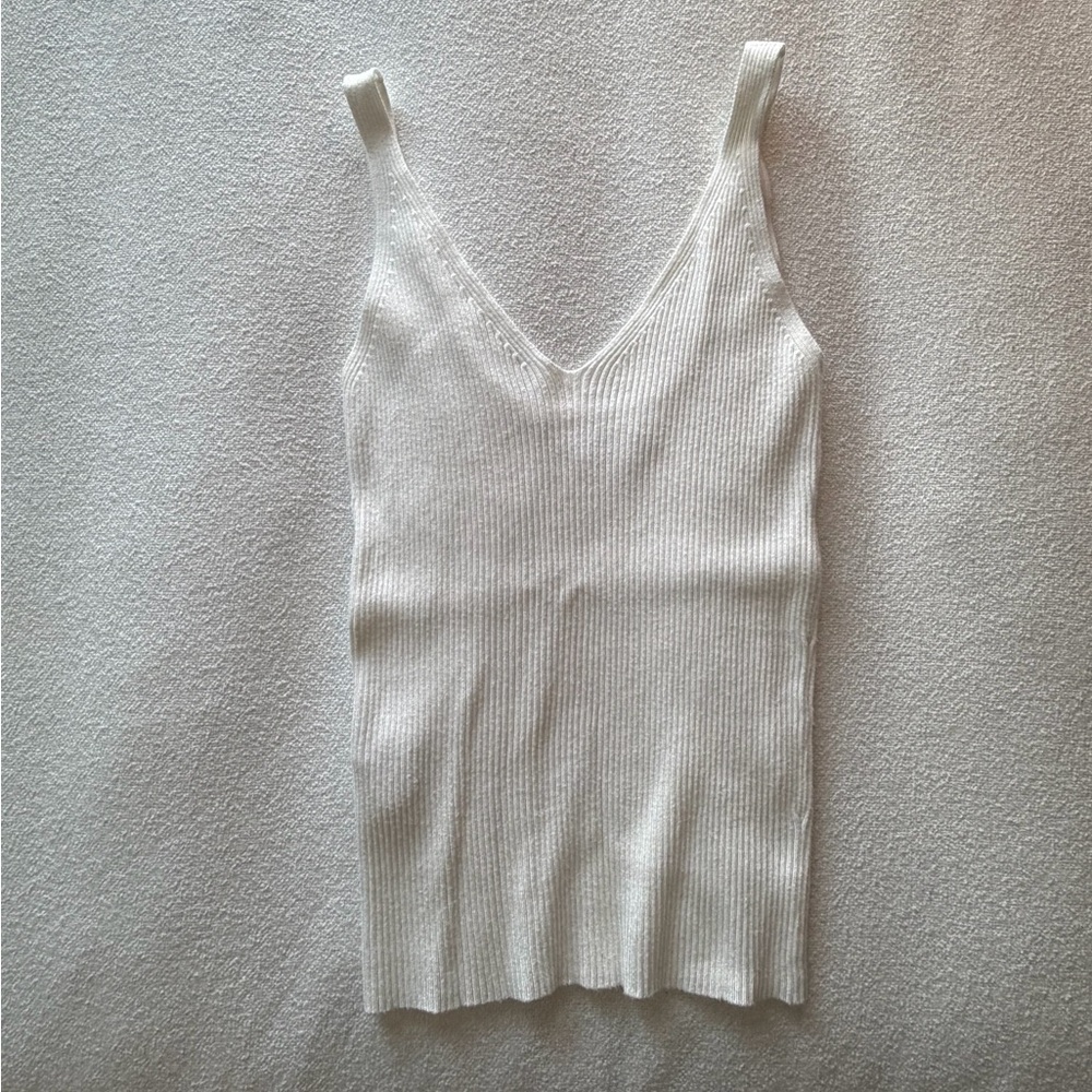 Mango White Ribbed V-Neck Tank